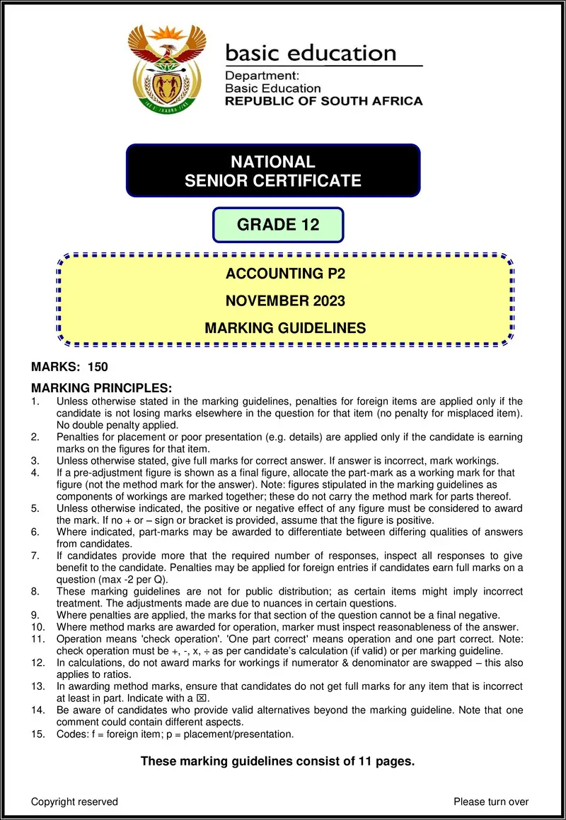 Grade 12 Accounting past paper 2023 – accounting p2 nov 2023 mg eng gr12