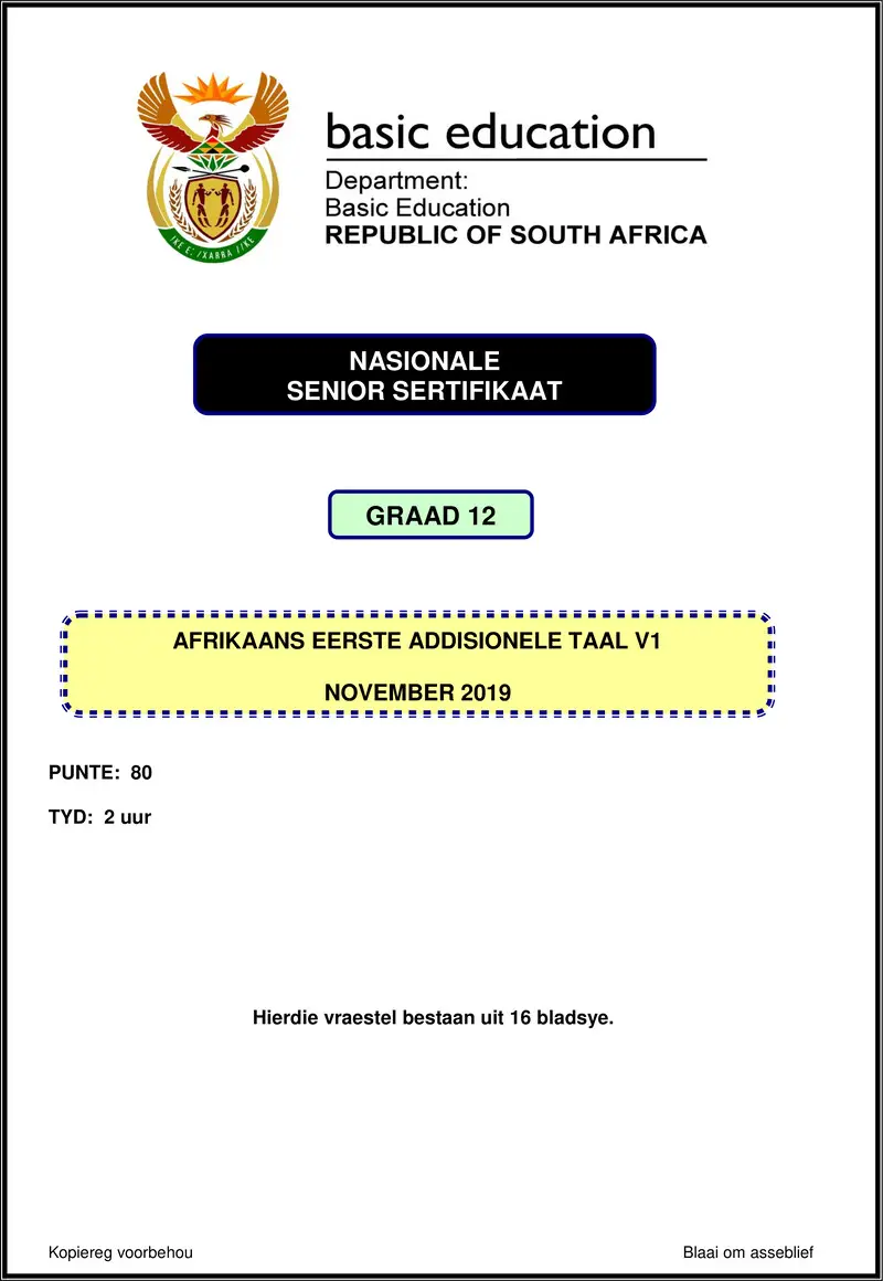 Grade 10 Afrikaans past paper 2019 – afrikaans fal p1 nov 2019 gr12