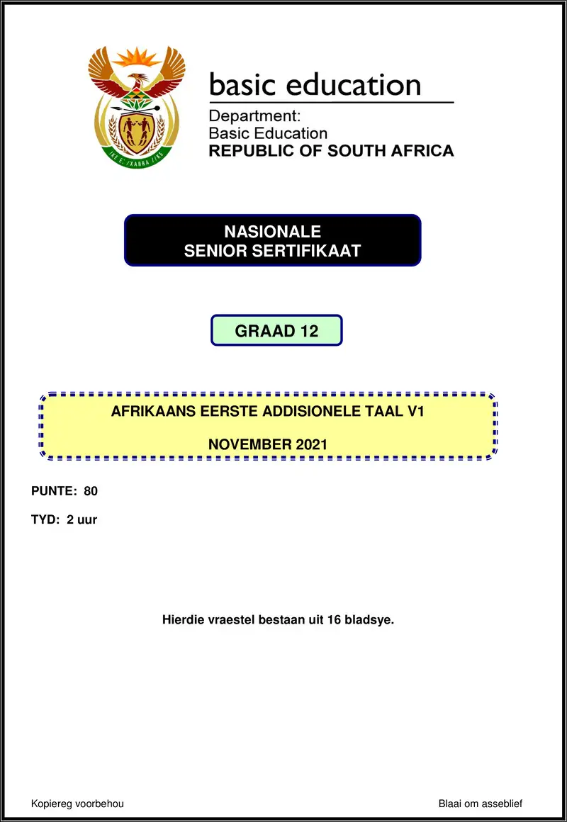 Grade 12 Afrikaans past paper 2021 – afrikaans fal p1 nov 2021 gr12