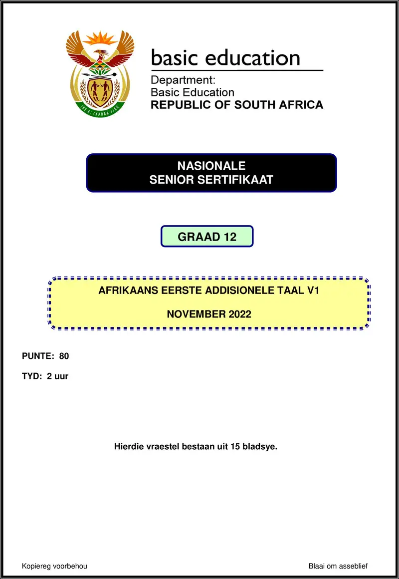 Grade 12 Afrikaans past paper 2022 – afrikaans fal p1 nov 2022 gr12