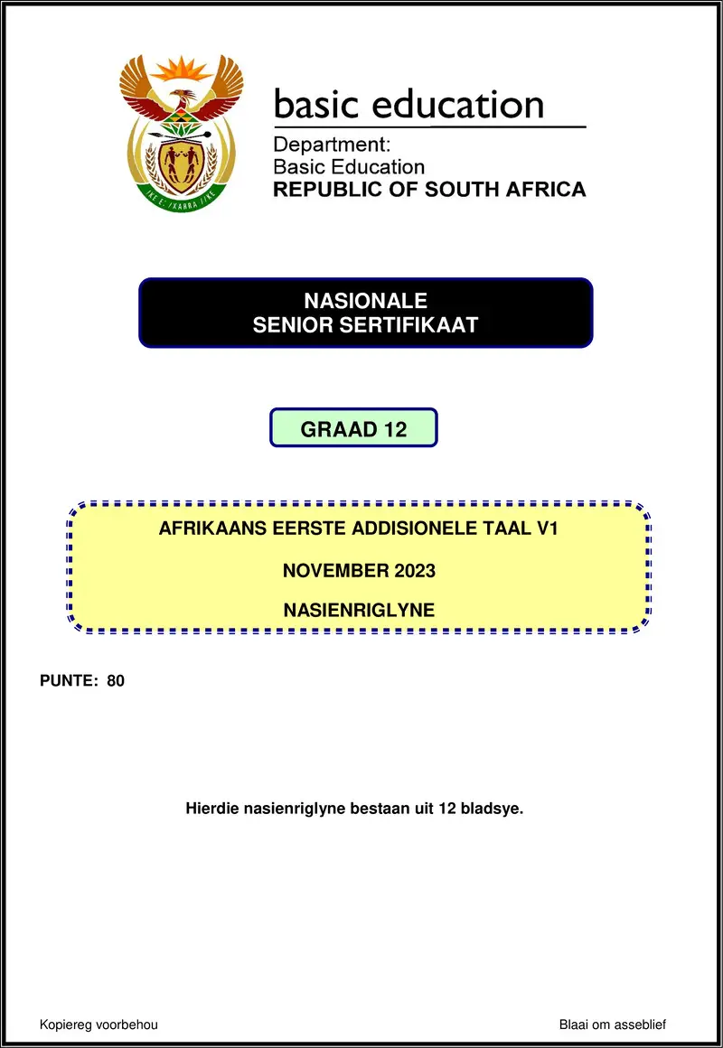 Grade 12 Afrikaans past paper 2023 – afrikaans fal p1 nov 2023 mg gr12