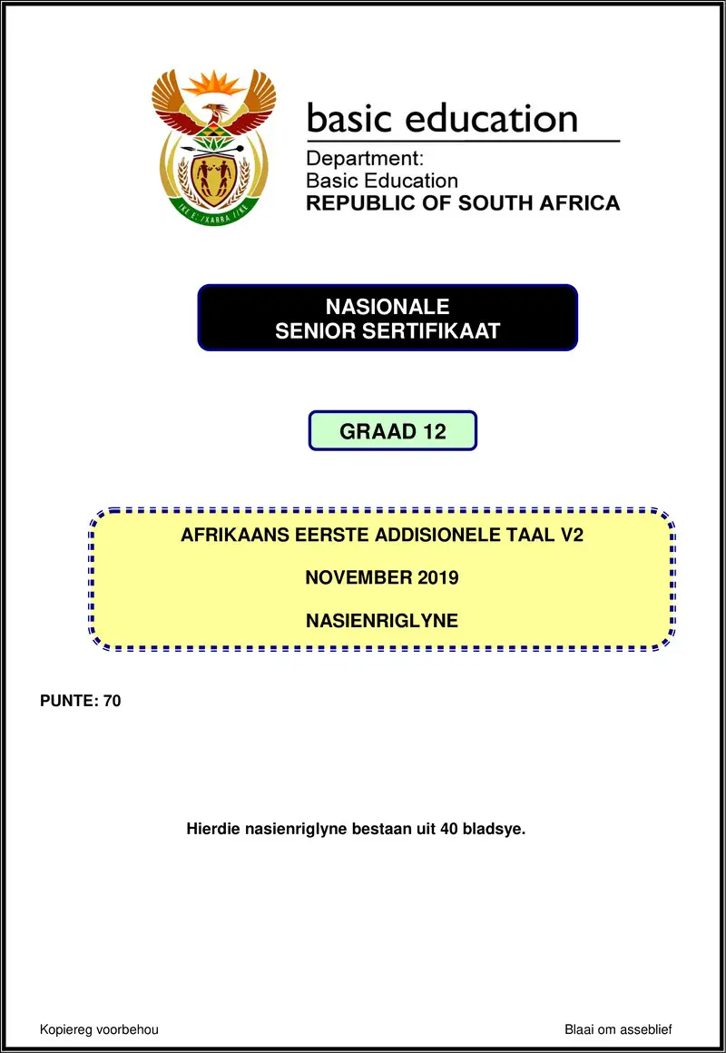 Grade 12 Afrikaans past paper 2019 – afrikaans fal p2 nov 2019 memo gr12