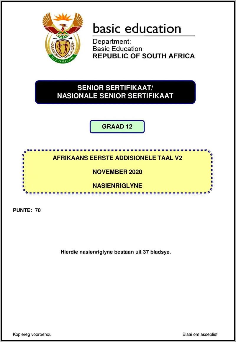 Grade 12 Afrikaans past paper 2020 – afrikaans fal p2 nov 2020 memo gr12