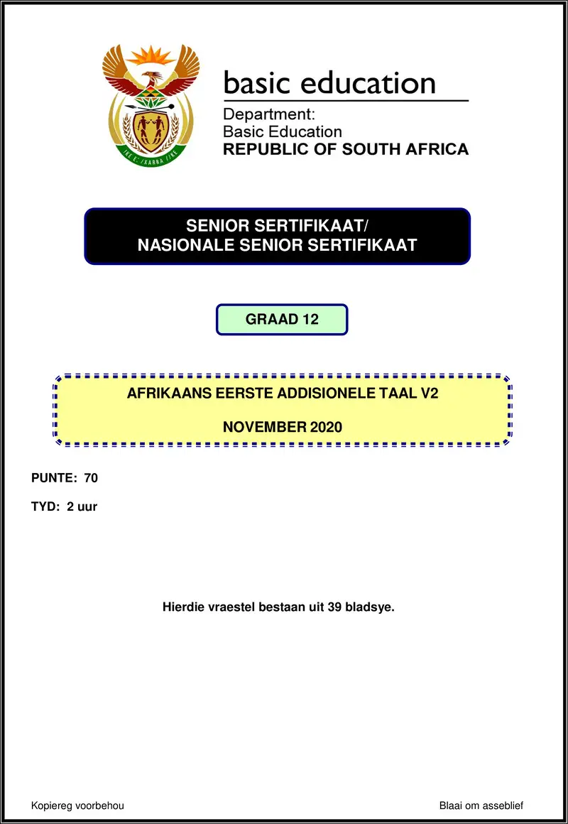 Grade 12 Afrikaans past paper 2020 – afrikaans fal p2 nov 2020 gr12