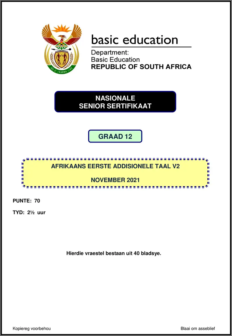 Grade 12 Afrikaans past paper 2021 – afrikaans fal p2 nov 2021 gr12