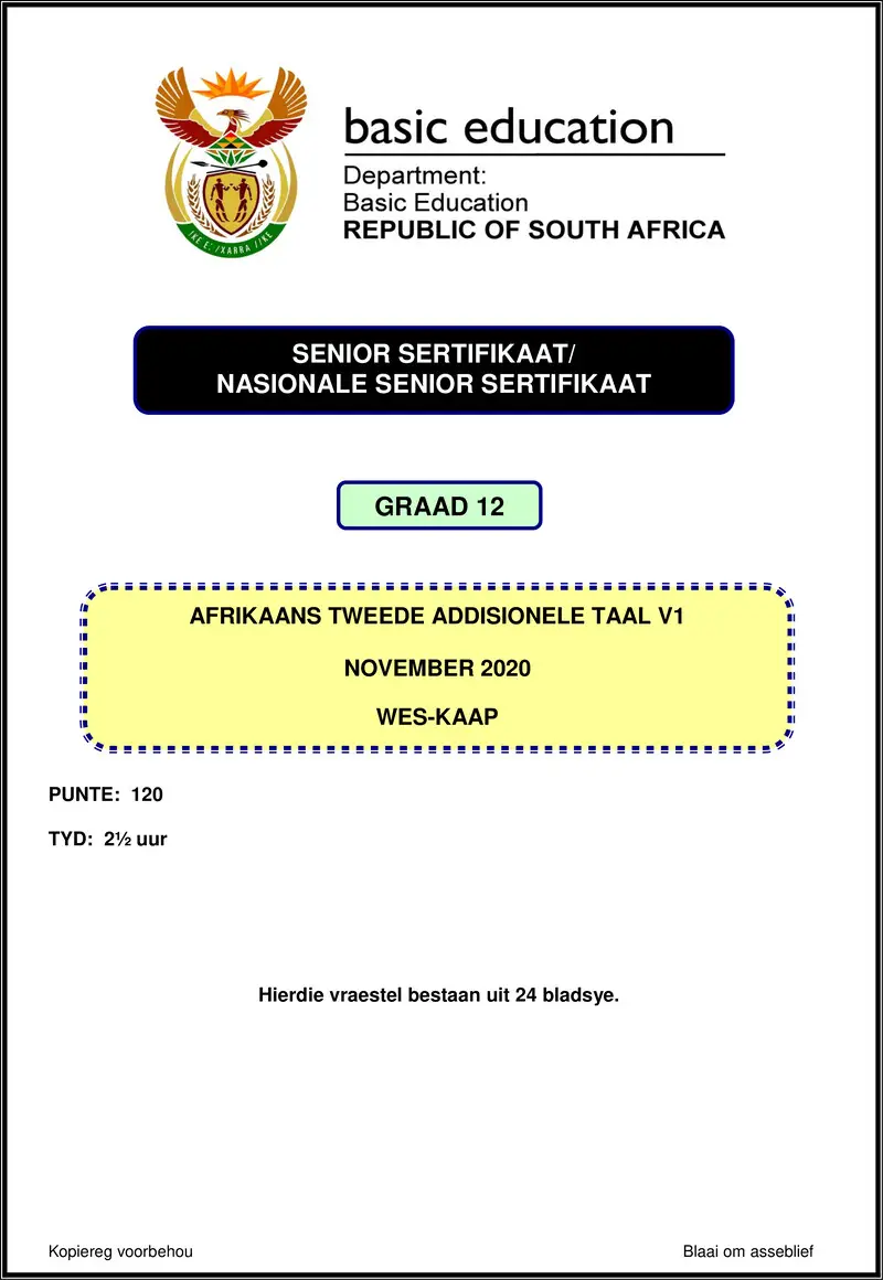 Grade 12 Afrikaans past paper 2020 – afrikaans sal p1 nov 2020 western cape gr12