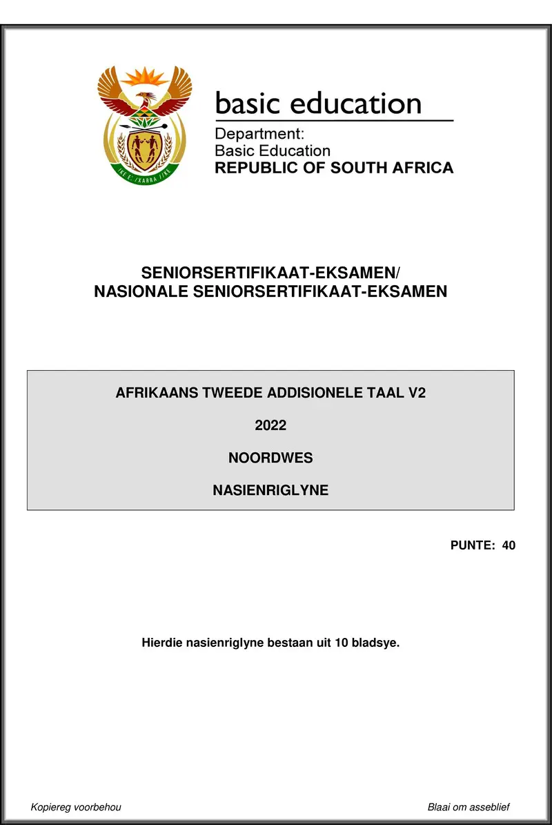 Grade 12 Afrikaans past paper 2022 – afrikaans sal p2 may june 2022 mg north west gr12