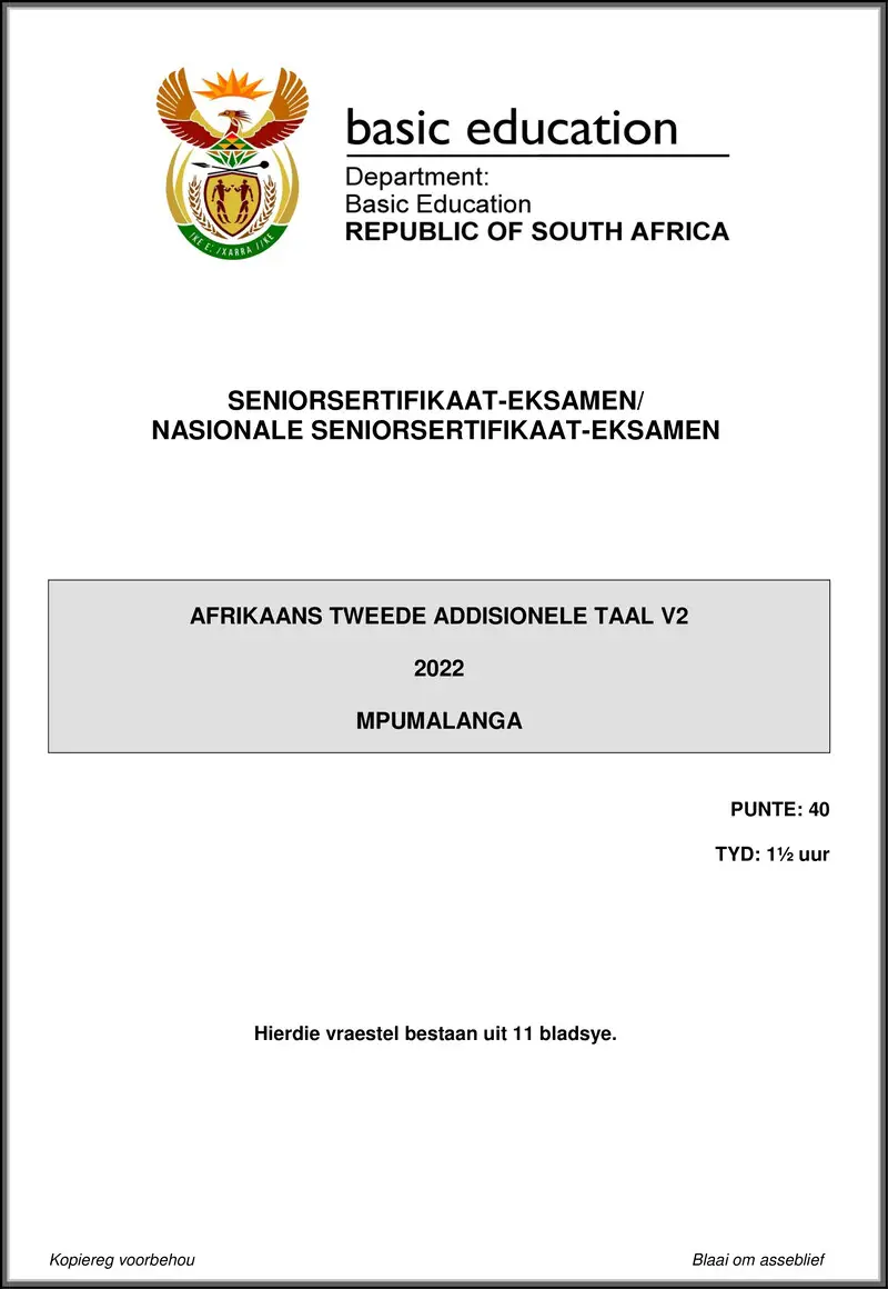 Grade 12 Afrikaans past paper 2022 – afrikaans sal p2 may june 2022 mpumalanga gr12