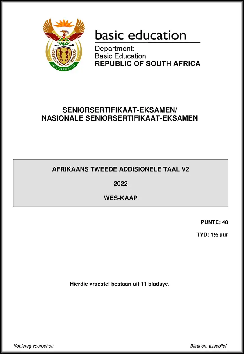 Grade 12 Afrikaans past paper 2022 – afrikaans sal p2 may june 2022 western cape gr12