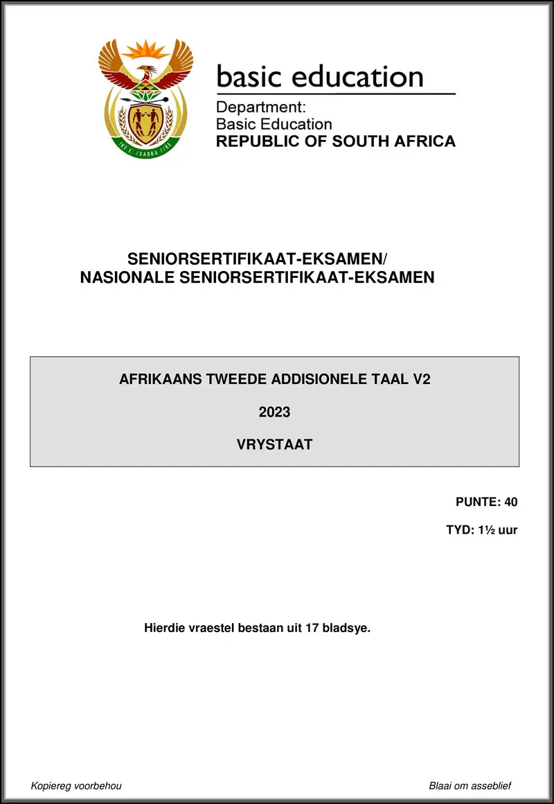 Grade 12 Afrikaans past paper 2023 – afrikaans sal p2 may june 2023 free state gr12