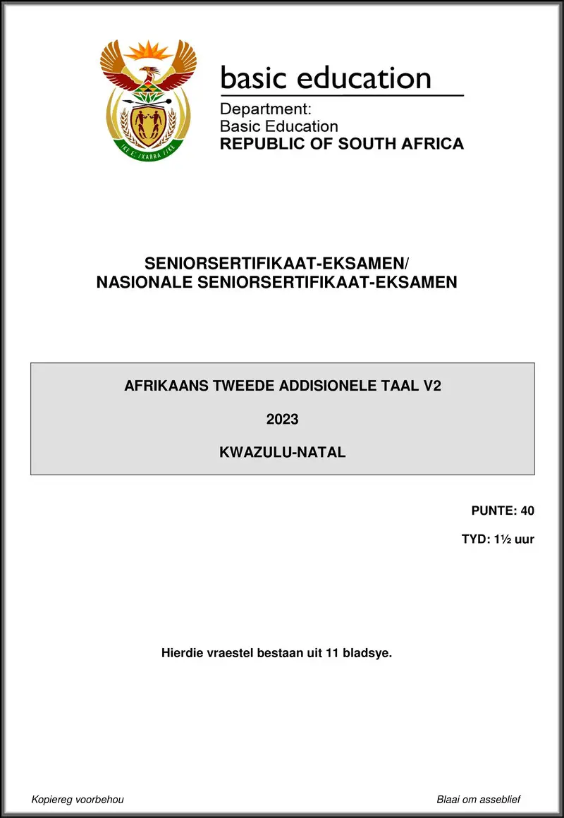 Grade 12 Afrikaans past paper 2023 – afrikaans sal p2 may june 2023 kwa zulu natal 1 gr12