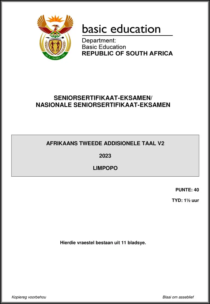 Grade 12 Afrikaans past paper 2023 – afrikaans sal p2 may june 2023 limpopo gr12