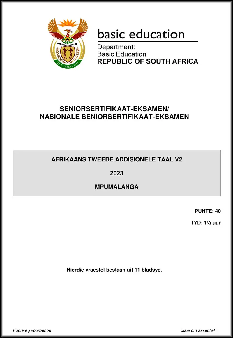 Grade 12 Afrikaans past paper 2023 – afrikaans sal p2 may june 2023 mpumalanga gr12