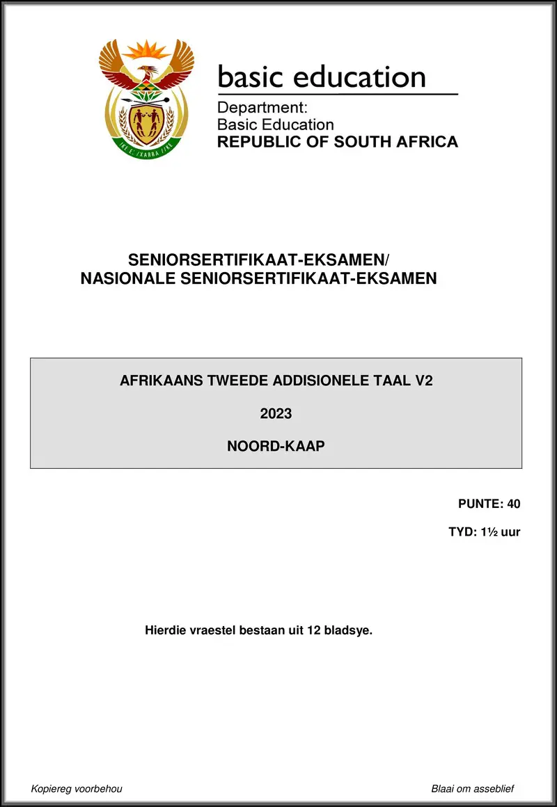 Grade 12 Afrikaans past paper 2023 – afrikaans sal p2 may june 2023 northern cape gr12