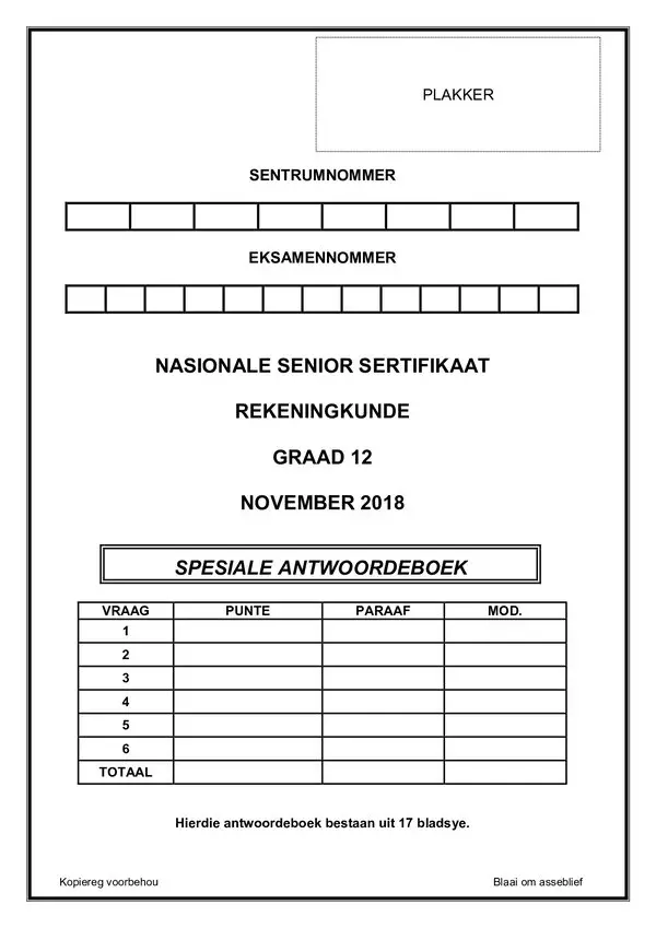 Grade 12 Afrikaans past paper 2016 – Paper 1 Answer Book (Afrikaans) gr12