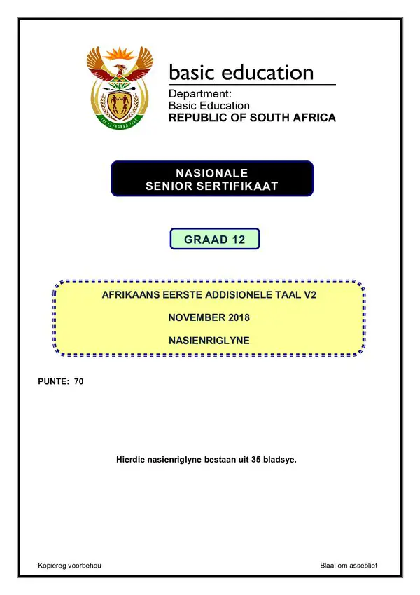 Grade 12 Afrikaans past paper 2018 – Afrikaans FAL P2 memo gr12