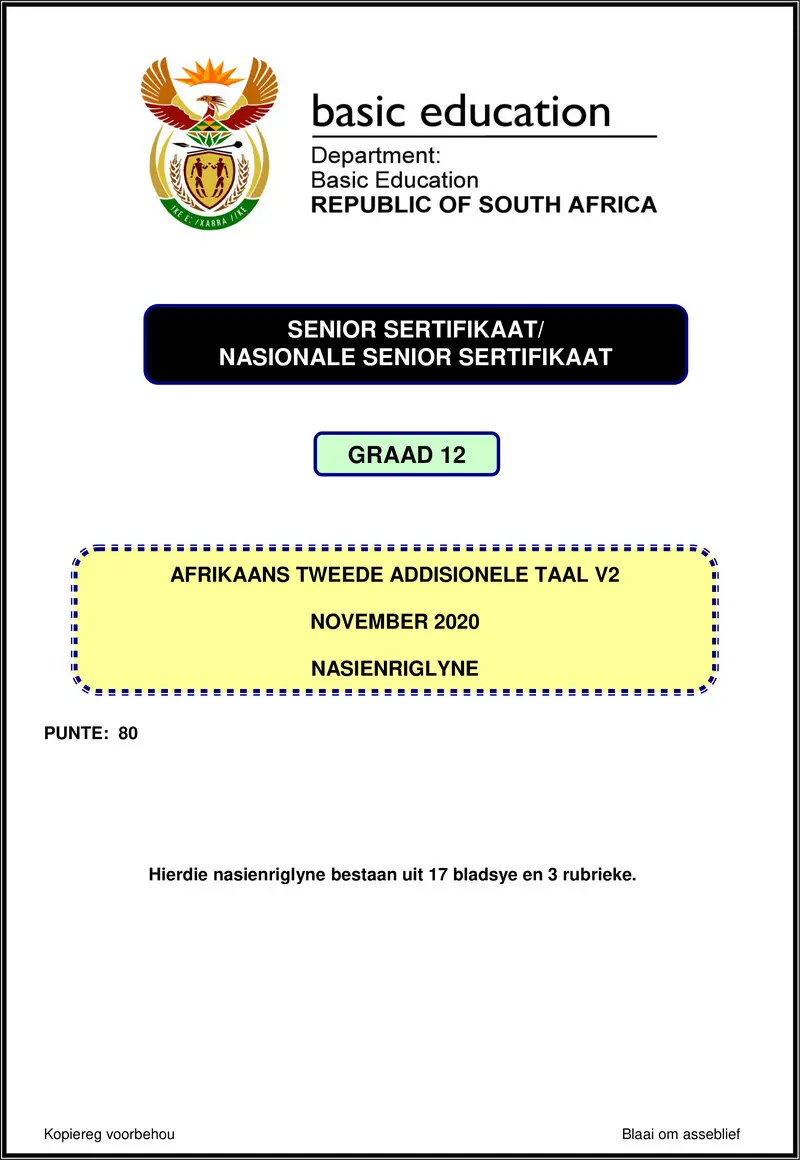Grade 12 Afrikaans past paper 2020 – afrikaans sal p2 nov 2020 memo gr12
