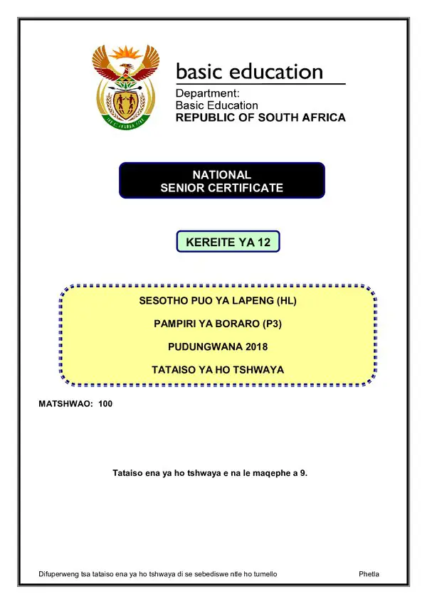 Grade 12 Sesotho past paper 2018 – Sesotho HL P3 memo gr12