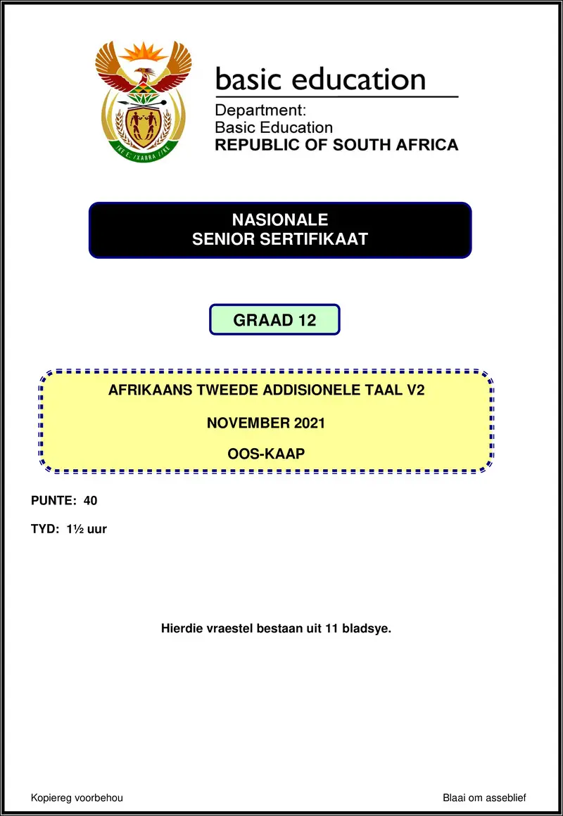 Grade 12 Afrikaans past paper 2021 – afrikaans sal p2 nov 2021 eastern cape gr12