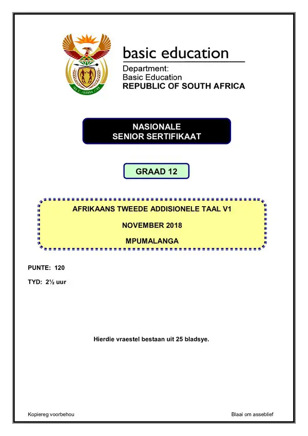 Grade 12 Afrikaans past paper 2018 – Afrikaans SAL P1 (Mpumalanga) gr12