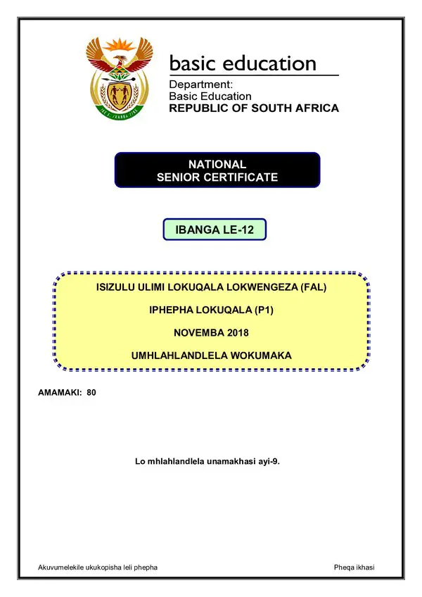 Grade 12 isiZulu past paper 2018 – IsiZulu FAL P1 memo gr12