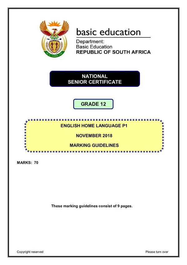 Grade 12 English past paper 2018 – English HL P1 memo gr12