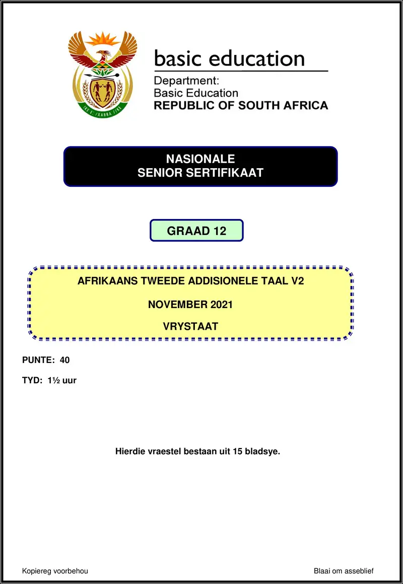 Grade 12 Afrikaans past paper 2021 – afrikaans sal p2 nov 2021 free state gr12