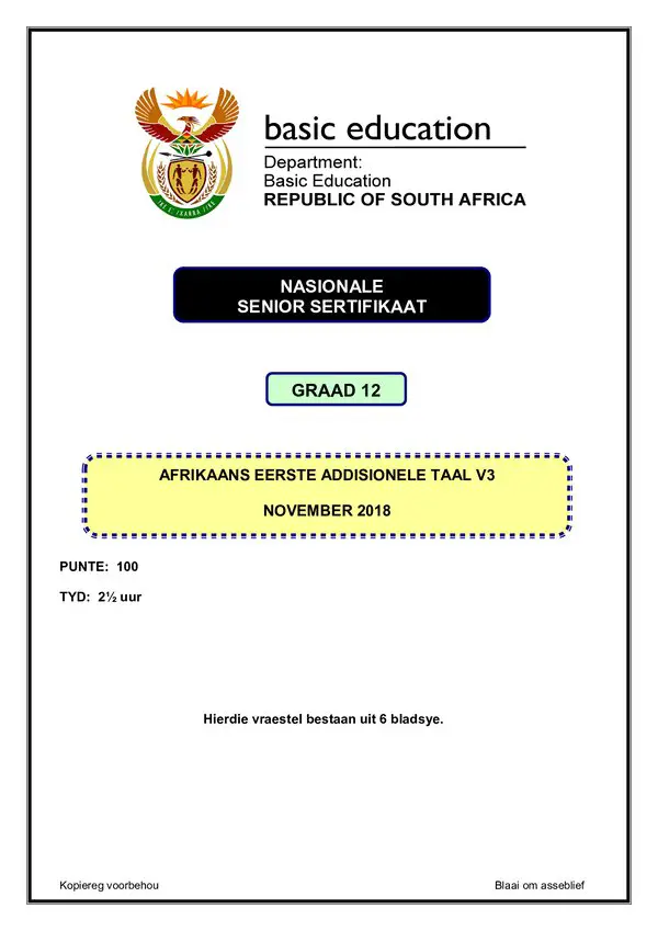 Grade 12 Afrikaans past paper 2018 – Afrikaans FAL P3 gr12