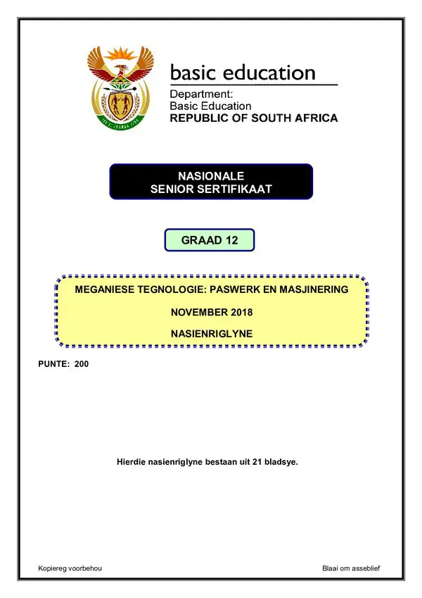 Grade 12 Afrikaans past paper 2018 – Fitting and Machining Memo 1 (Afrikaans) gr12