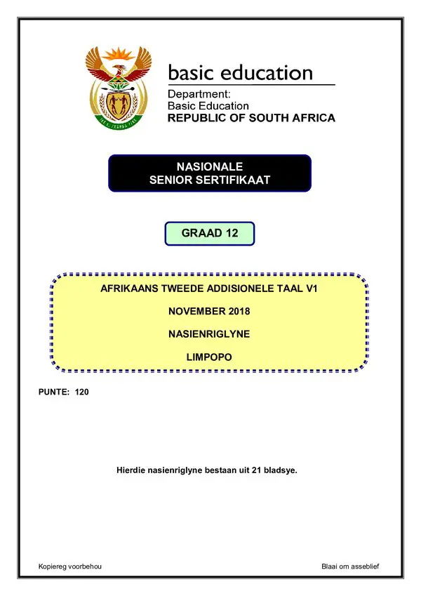 Grade 12 Afrikaans past paper 2018 – Afrikaans SAL P1 memo (Limpopo) gr12