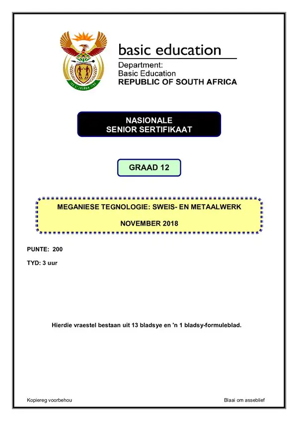 Grade 12 Afrikaans past paper 1993 – Welding and Metalwork Paper 1 (Afrikaans) gr12