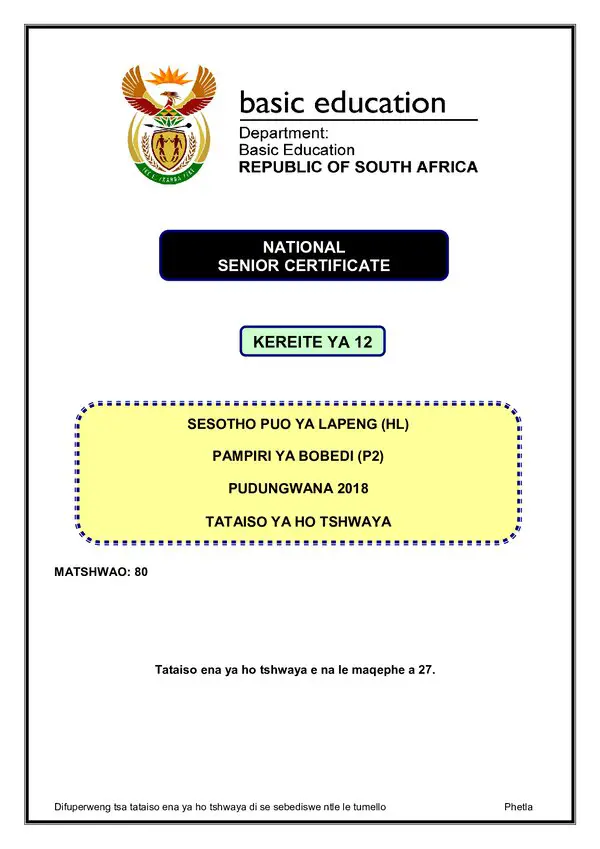 Grade 12 Sesotho past paper 2018 – Sesotho HL P2 memo gr12