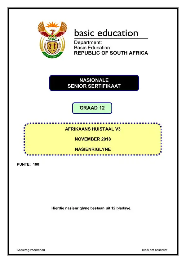 Grade 12 Afrikaans past paper 2018 – Afrikaans HL P3 memo gr12