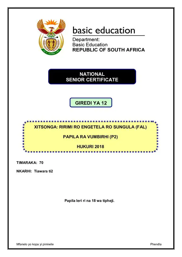 Grade 12 Xitsonga past paper 2018 – Xitsonga FAL P2 gr12