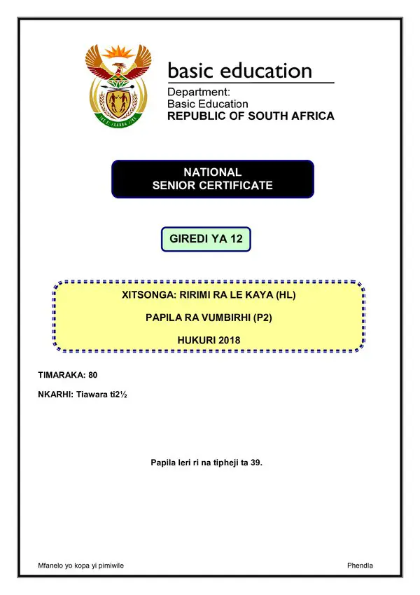 Grade 12 Xitsonga past paper 2018 – Xitsonga HL P2 gr12