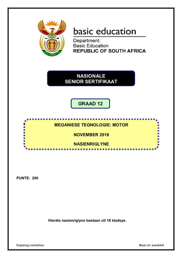 Grade 12 Afrikaans past paper 2018 – Automative Memo 1 (Afrikaans) gr12