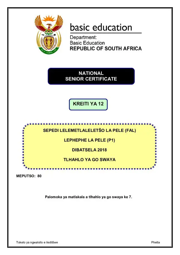 Grade 12 Sepedi past paper 2018 – Sepedi FAL P1 memo gr12