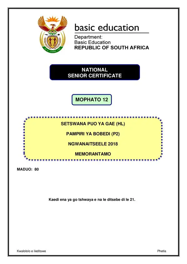 Grade 12 Setswana past paper 2018 – Setswana HL P2 memo gr12