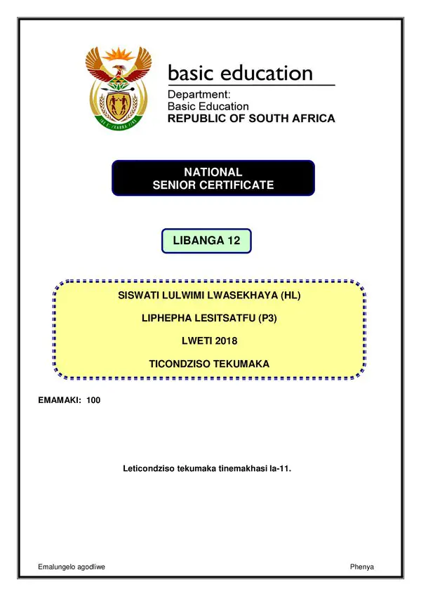 Grade 12 Siswati past paper 2018 – Siswati HL P3 memo gr12