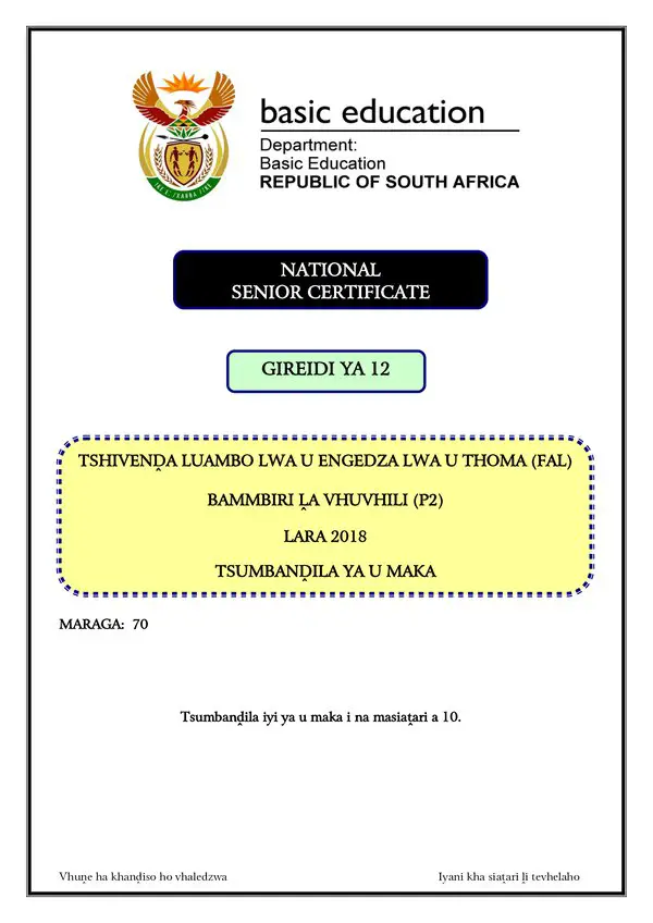 Grade 12 Tshivenda past paper 2018 – Tshivenda FAL P2 memo gr12