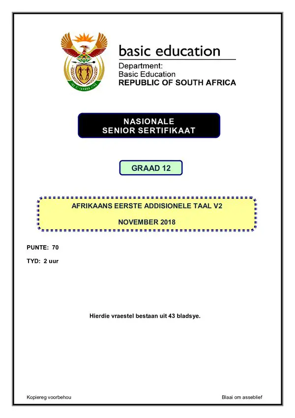 Grade 12 Afrikaans past paper 2018 – Afrikaans FAL P2 gr12