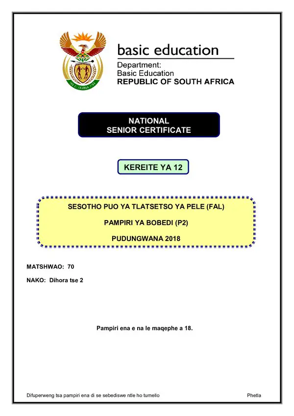 Grade 12 Sesotho past paper 2018 – Sesotho FAL P2 gr12