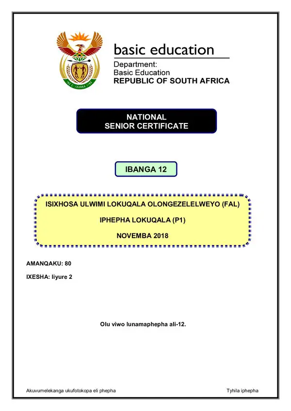 Grade 12 isiXhosa past paper 2018 – IsiXhosa FAL P1 gr12