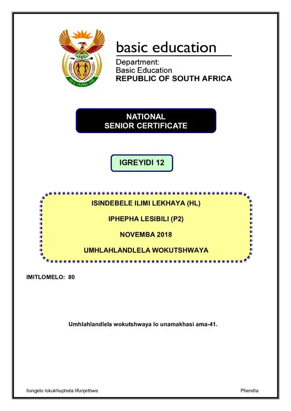 Grade 12 isiNdebele past paper 2018 – IsiNdebele HL P2 memo gr12
