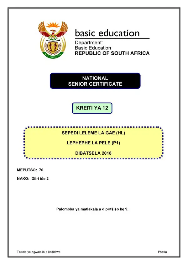 Grade 12 Sepedi past paper 2018 – Sepedi HL P1 gr12
