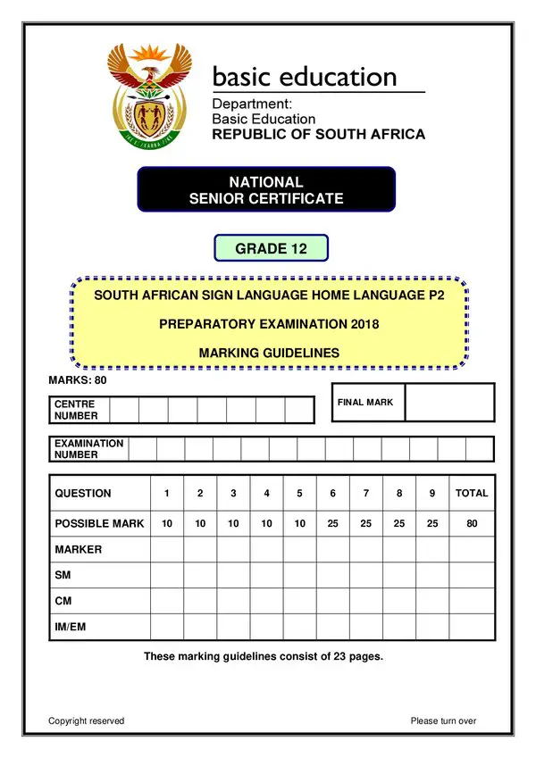 Grade 12 South African Sign Language past paper 2018 – SASL HL Memo 2 gr12