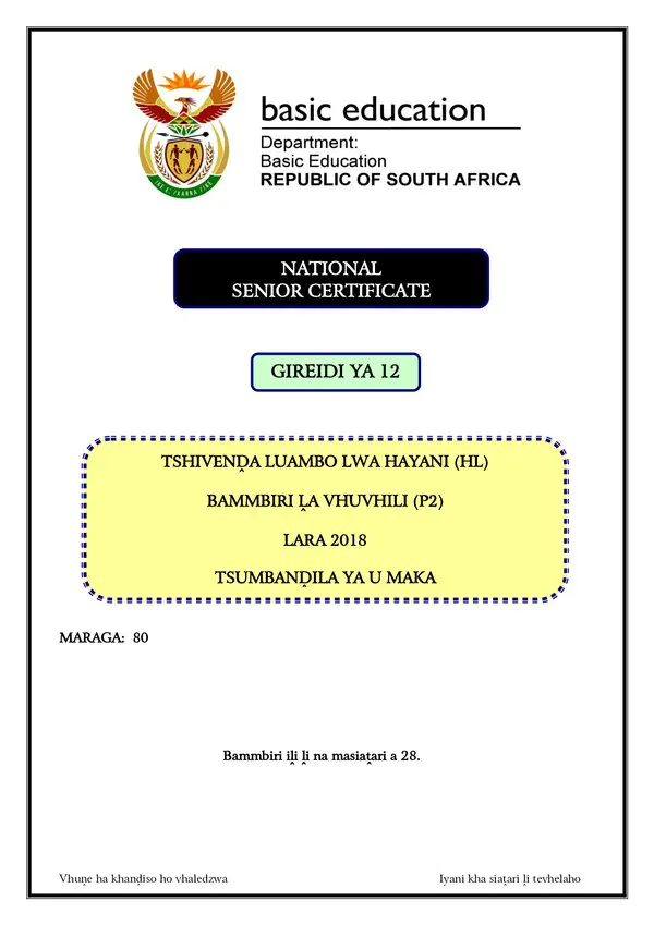 Grade 12 Tshivenda past paper 2018 – Tshivenda HL P2 Memo gr12