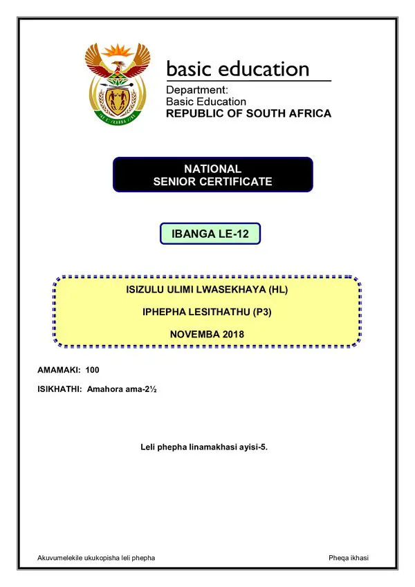 Grade 12 isiZulu past paper 2018 – IsiZulu HL P3 gr12