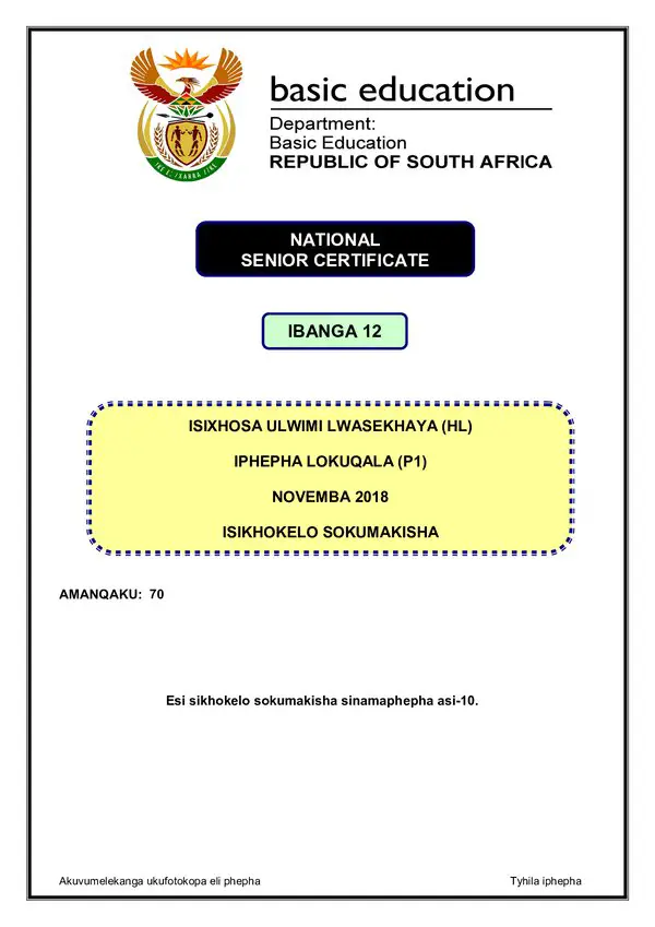 Grade 12 isiXhosa past paper 2018 – IsiXhosa HL P1 memo gr12