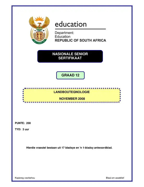 Grade 12 Afrikaans past paper 2008 – Agricultural Technology P1 Afrikaans gr12